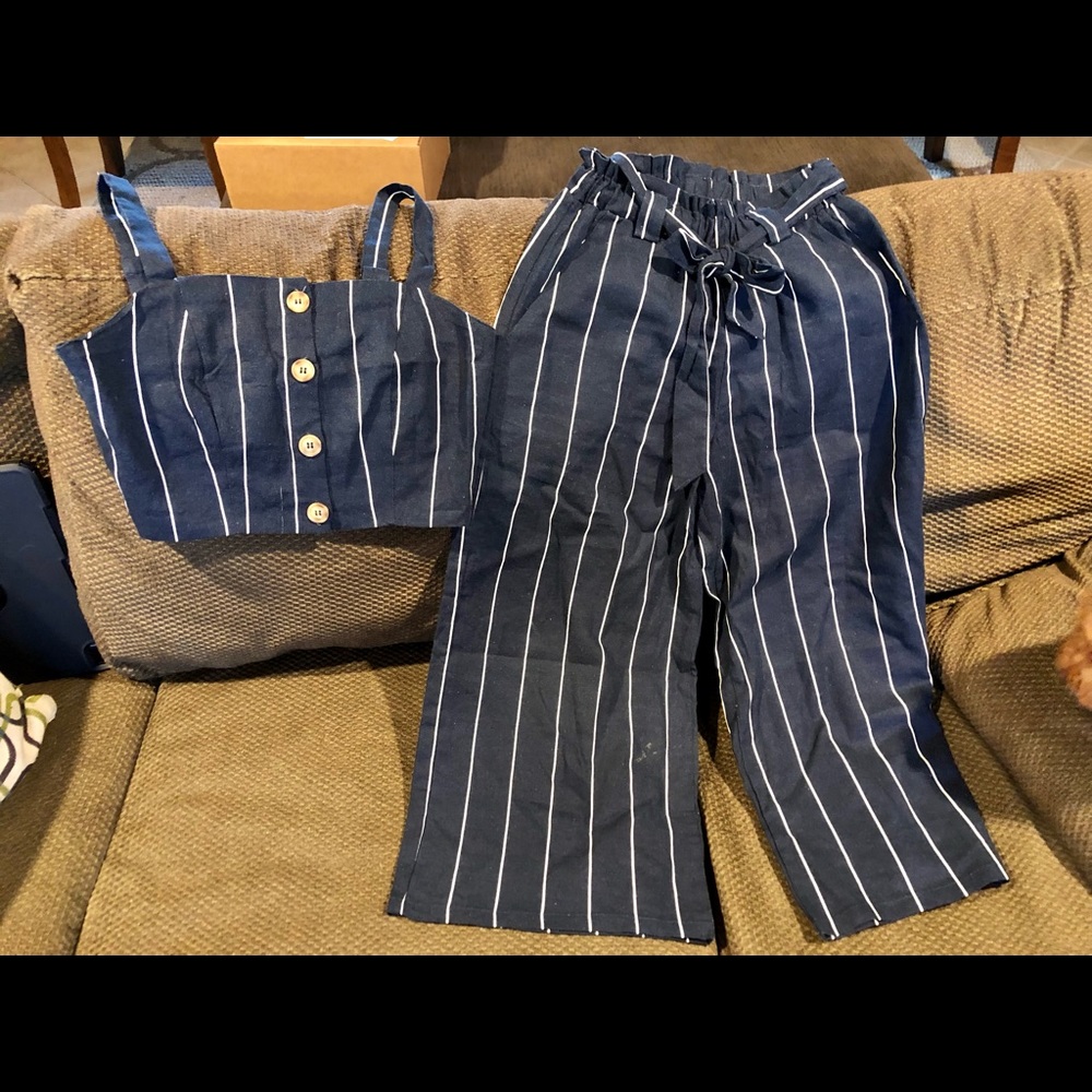 Crop Top and Matching 3/4 Length Blue Pin Striped Pants